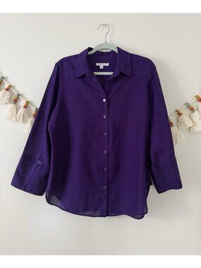 Chico’s 100% Linen Purple 3/4 Sleeve Button Down Top Lagenlook Coastal Basics 10